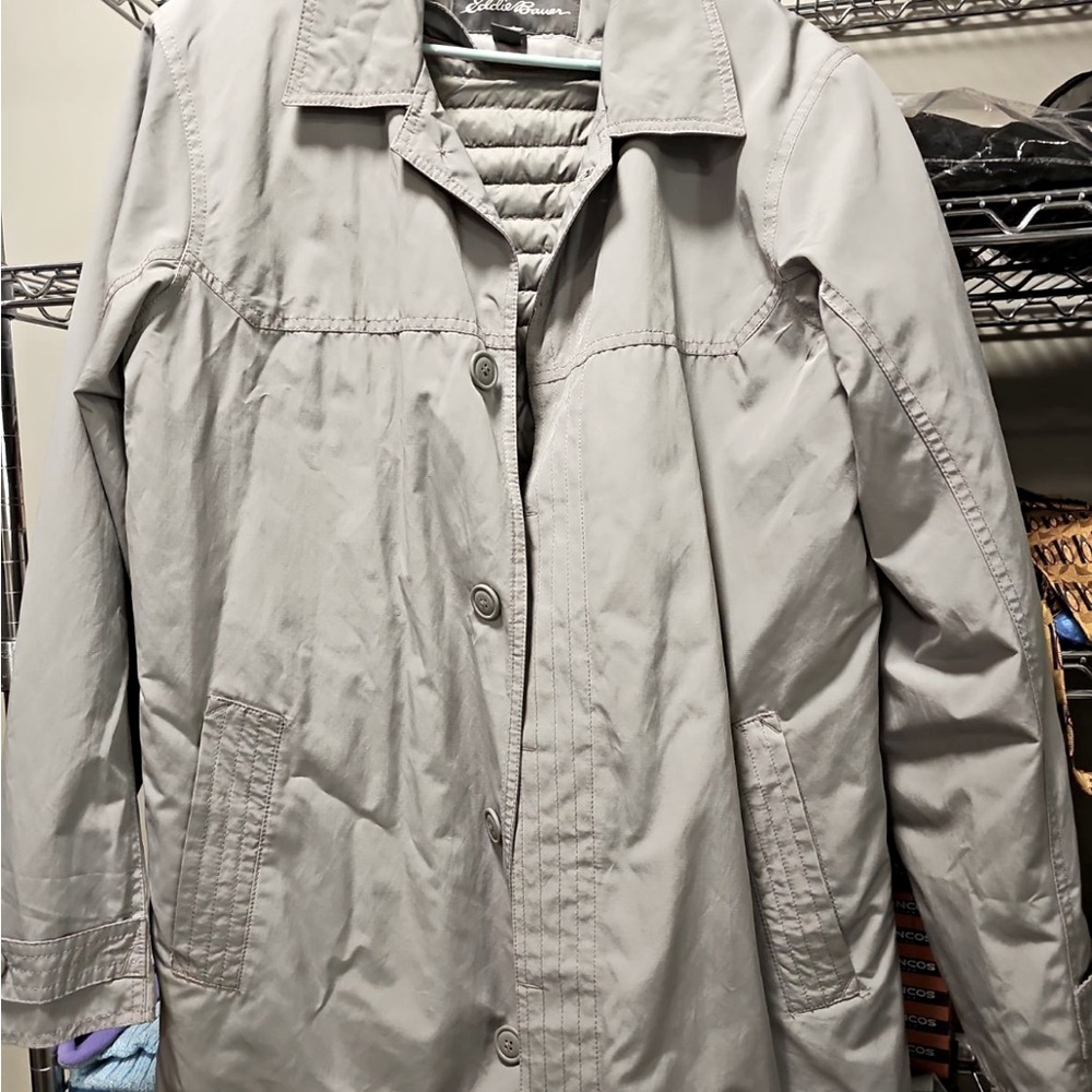 Eddie Bauer Mens Trench Coat Very nice light light grey color size Large